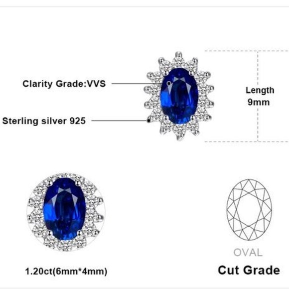 925 Sterling Silver Blue Sapphire Stud Earrings - Picture 3 of 6